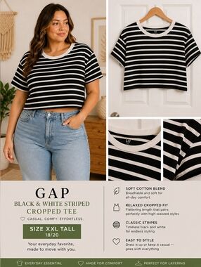 Gap Black and White Striped Cropped Women’s Tee Size XXL Tall 18/20